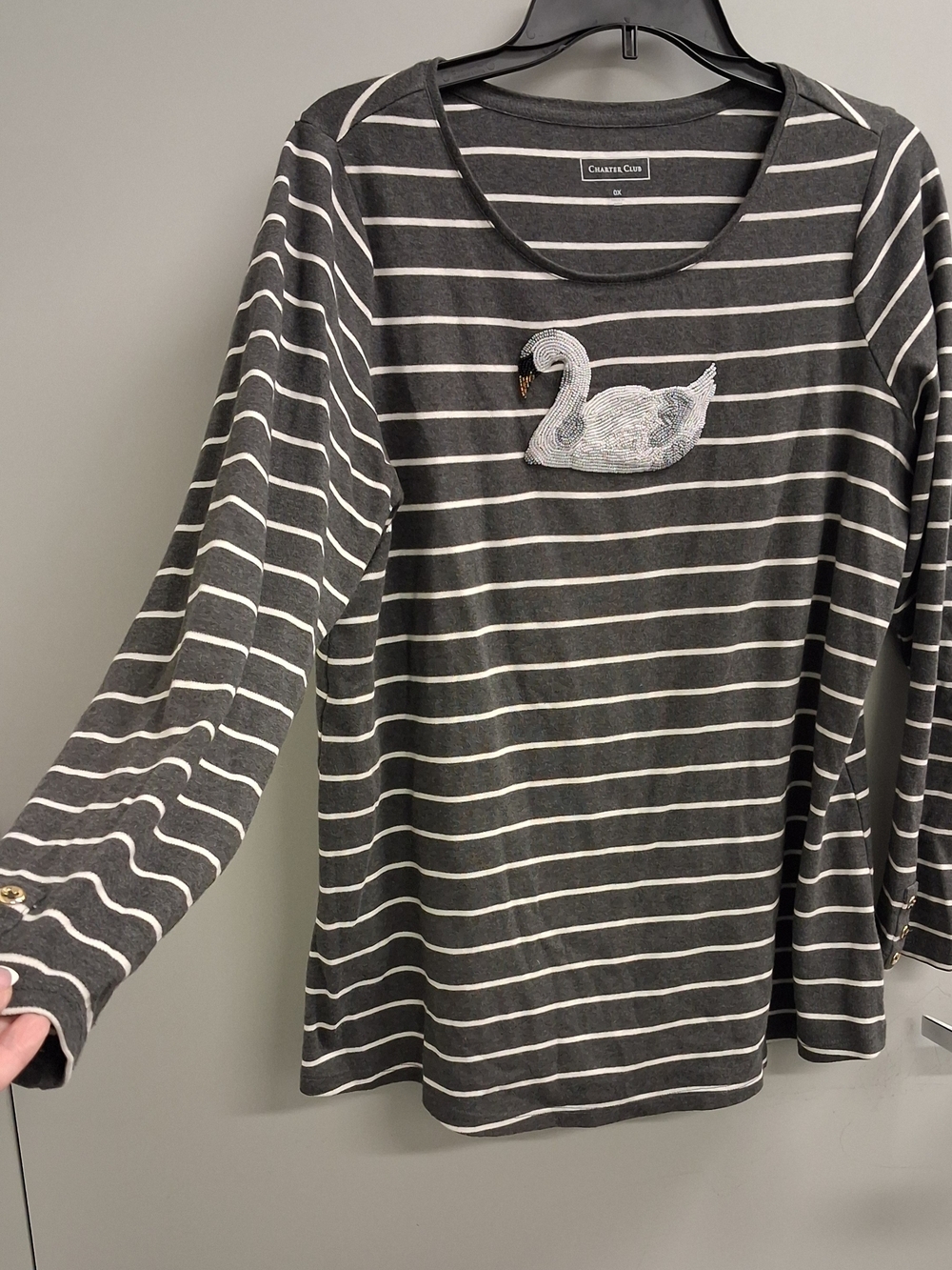 Charter Club Gray and White Striped Long-Sleeve Top with Swan Patch - Picture 6 of 8